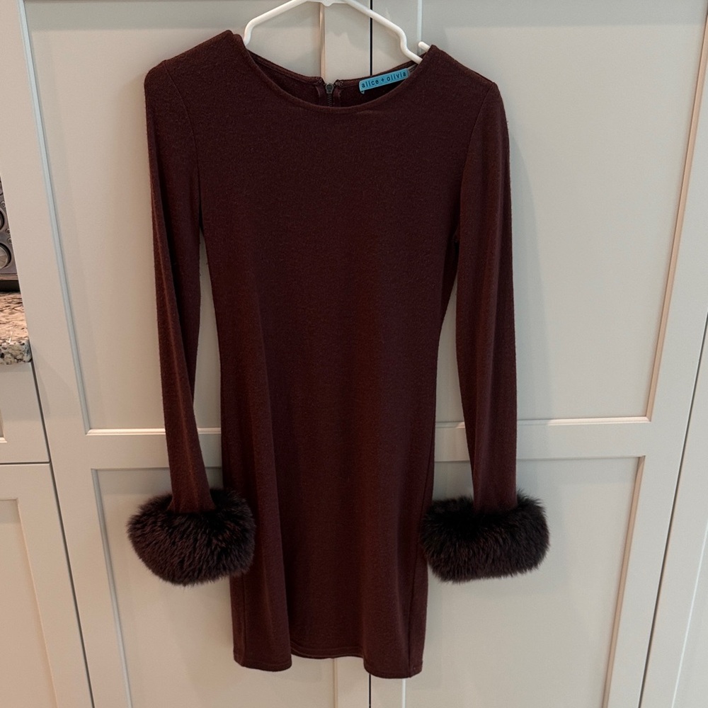 Alice + Olivia Brown Long Sleeve Dress with Faux Fur Cuffs